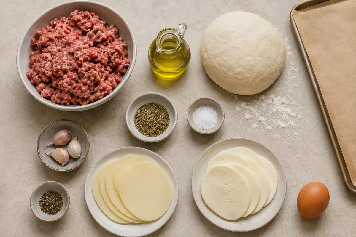Ground Italian sausage, pizza dough, provolone, mozzarella, garlic, olive oil, egg, flour, and Italian seasoning