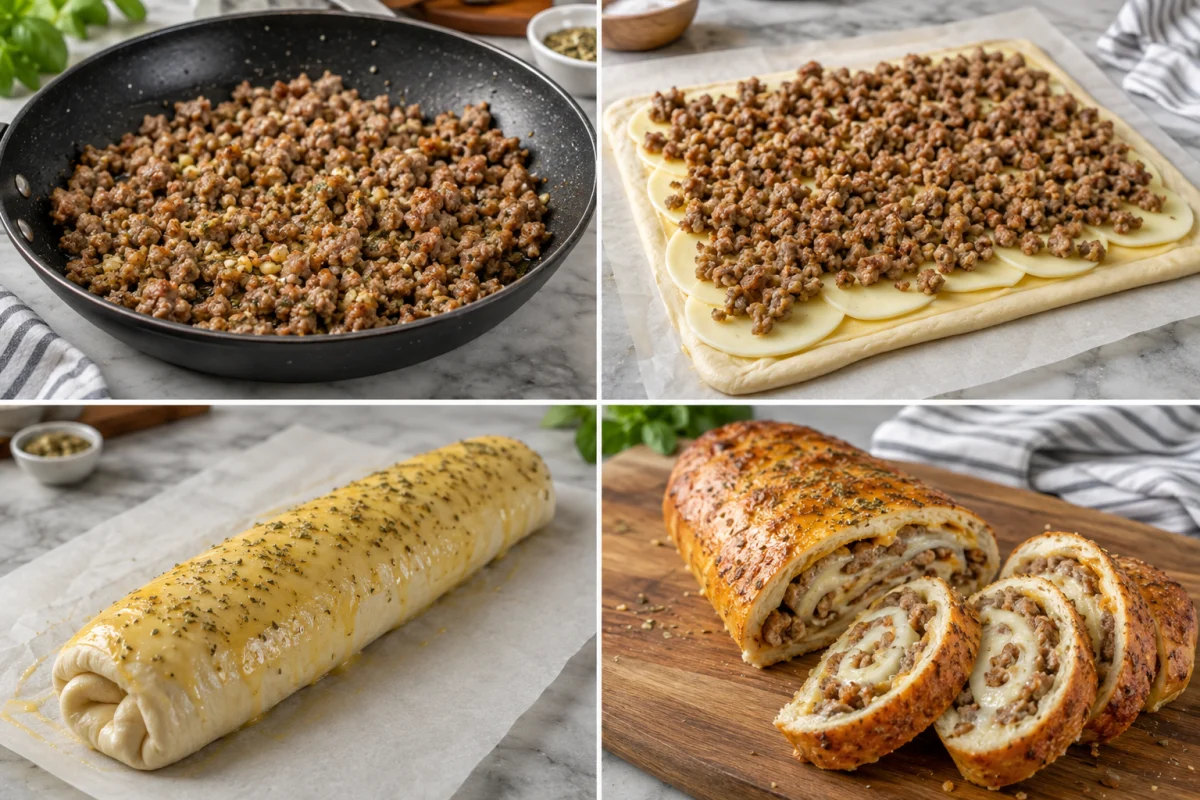 Four stages showing sausage browned, dough layered with cheese and meat, loaf rolled and egg-washed, and sausage bread sliced