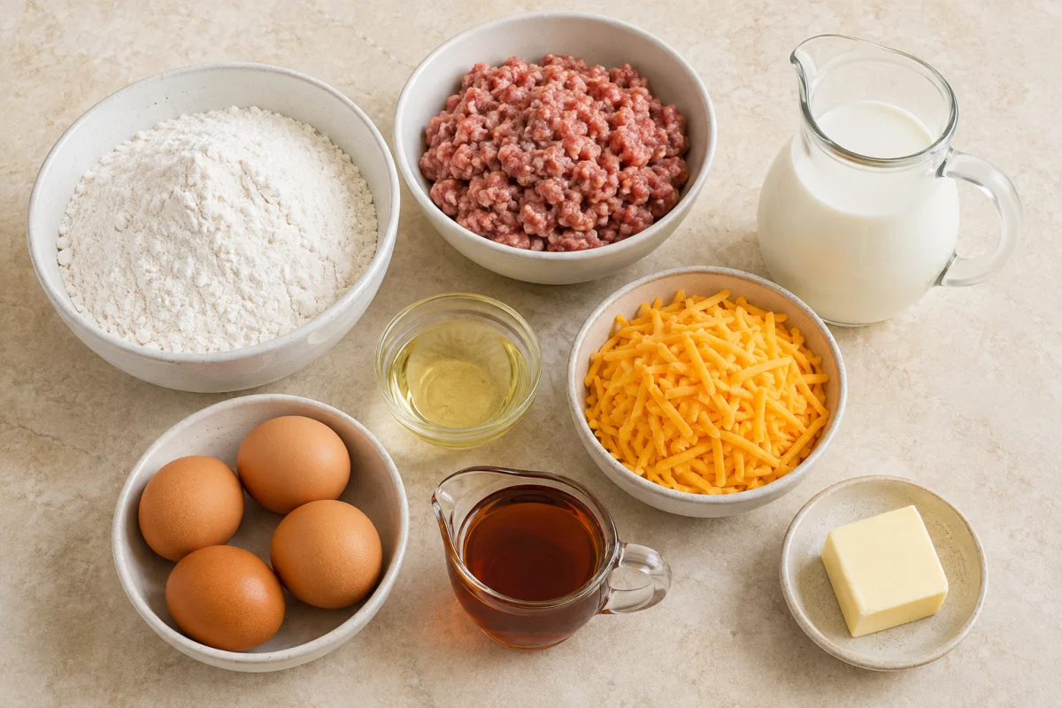Ingredients for sausage cheese sheet pan pancakes including pancake mix, eggs, milk, oil, breakfast sausage, cheddar, maple syrup, and butter