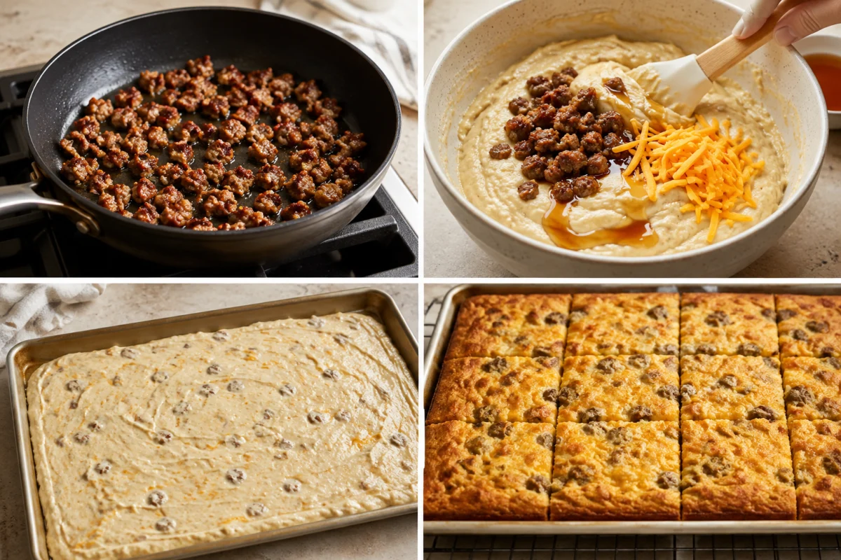 Four stages showing sausage browned, sausage and cheddar folded into pancake batter, batter spread in a sheet pan, and baked pancake cut into squares