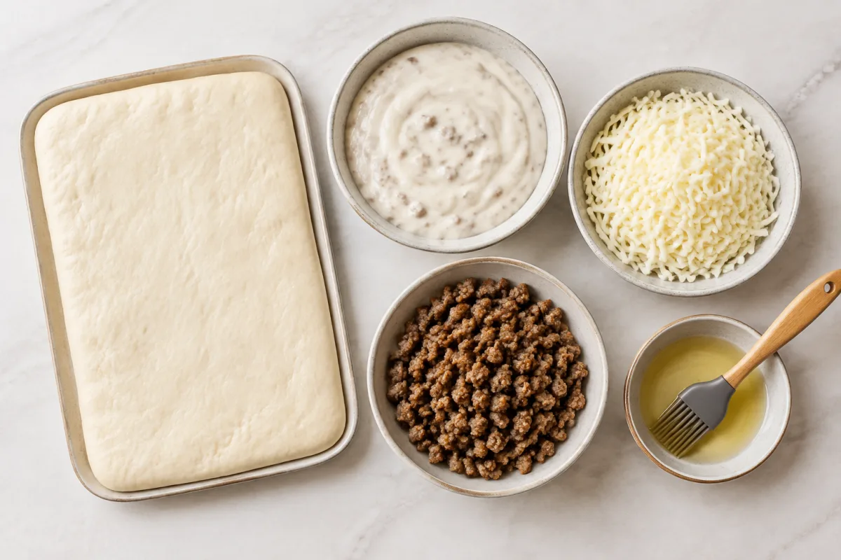 Ingredients for school breakfast pizza including pizza dough, creamy country gravy, mozzarella, cooked sausage, and oil