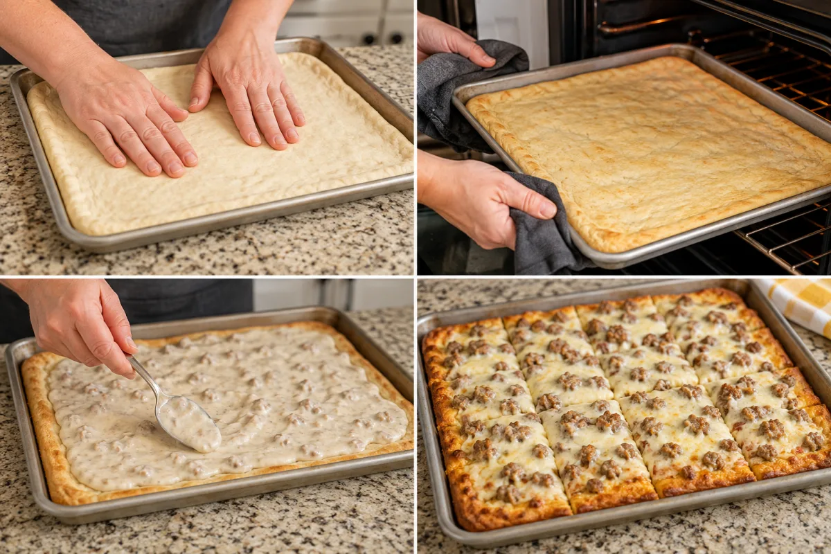 Four stages showing dough pressed into a sheet pan, crust par-baked, country gravy spread, and breakfast pizza baked with sausage and cheese