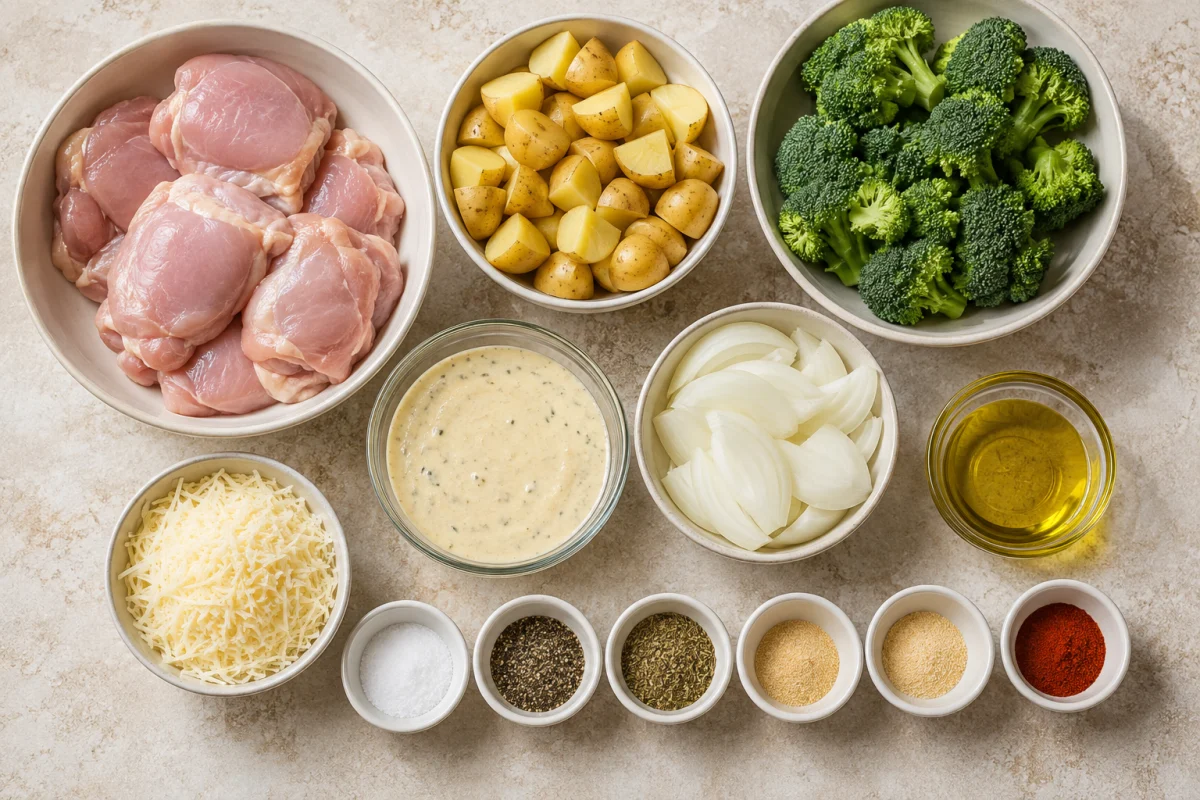Ingredients for sheet pan Parmesan garlic chicken including chicken thighs, baby potatoes, broccoli, onion, Parmesan garlic sauce, oil, Parmesan, and seasonings