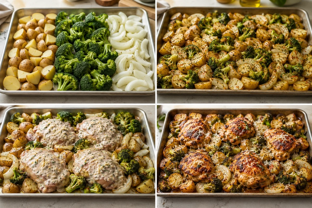 Four stages showing potatoes broccoli and onion prepared, vegetables seasoned, sauced chicken arranged on the pan, and everything roasted and topped with Parmesan
