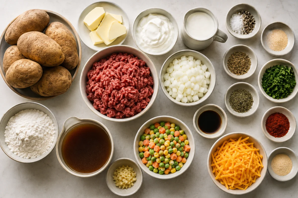 Ingredients for shepherd's pie including russet potatoes, butter, sour cream, milk, beef, onion, mixed vegetables, broth, flour, Worcestershire, cheddar, garlic, and herbs
