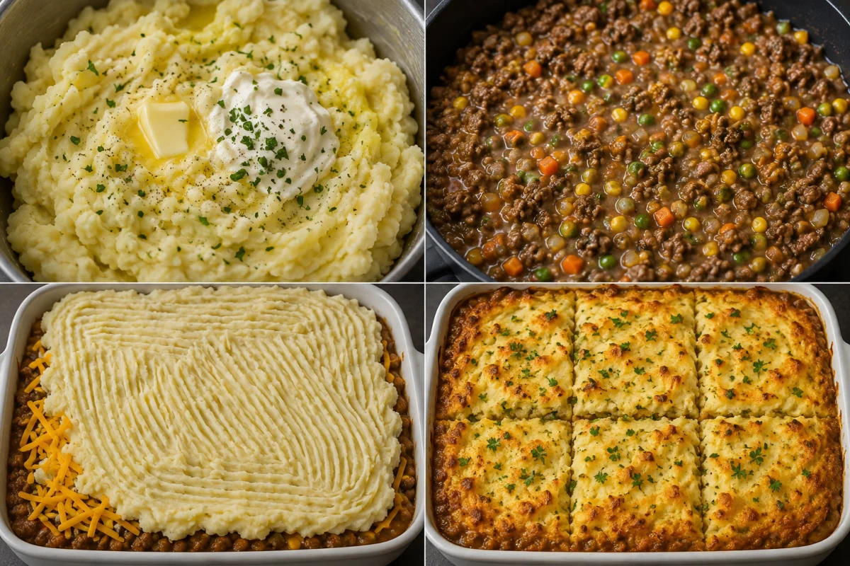 Four stages showing potatoes mashed, beef and vegetables cooked in gravy, cheddar and mashed potatoes layered, and shepherd's pie baked with golden potato peaks
