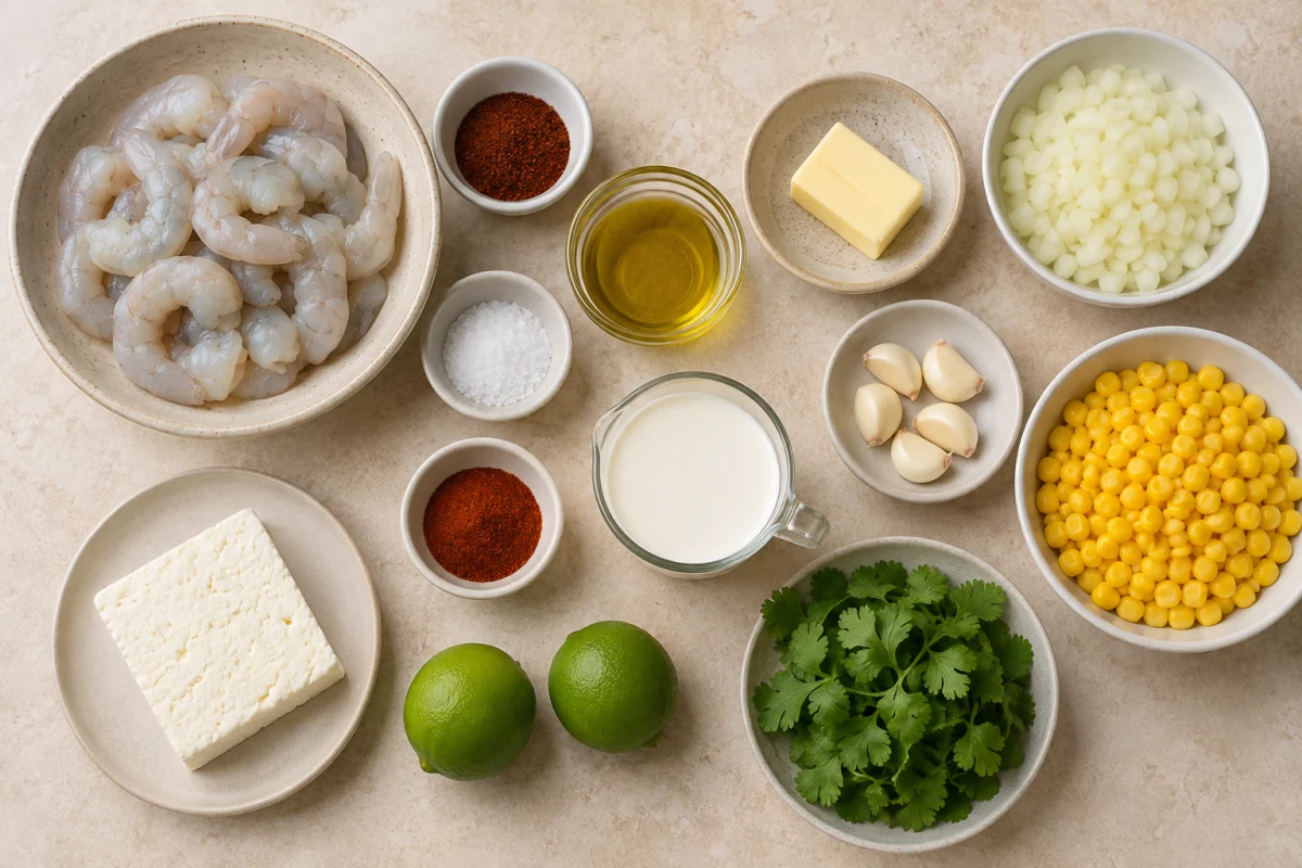 Ingredients for shrimp creamed corn including shrimp, corn, onion, garlic, cream, feta, lime, cilantro, and spices