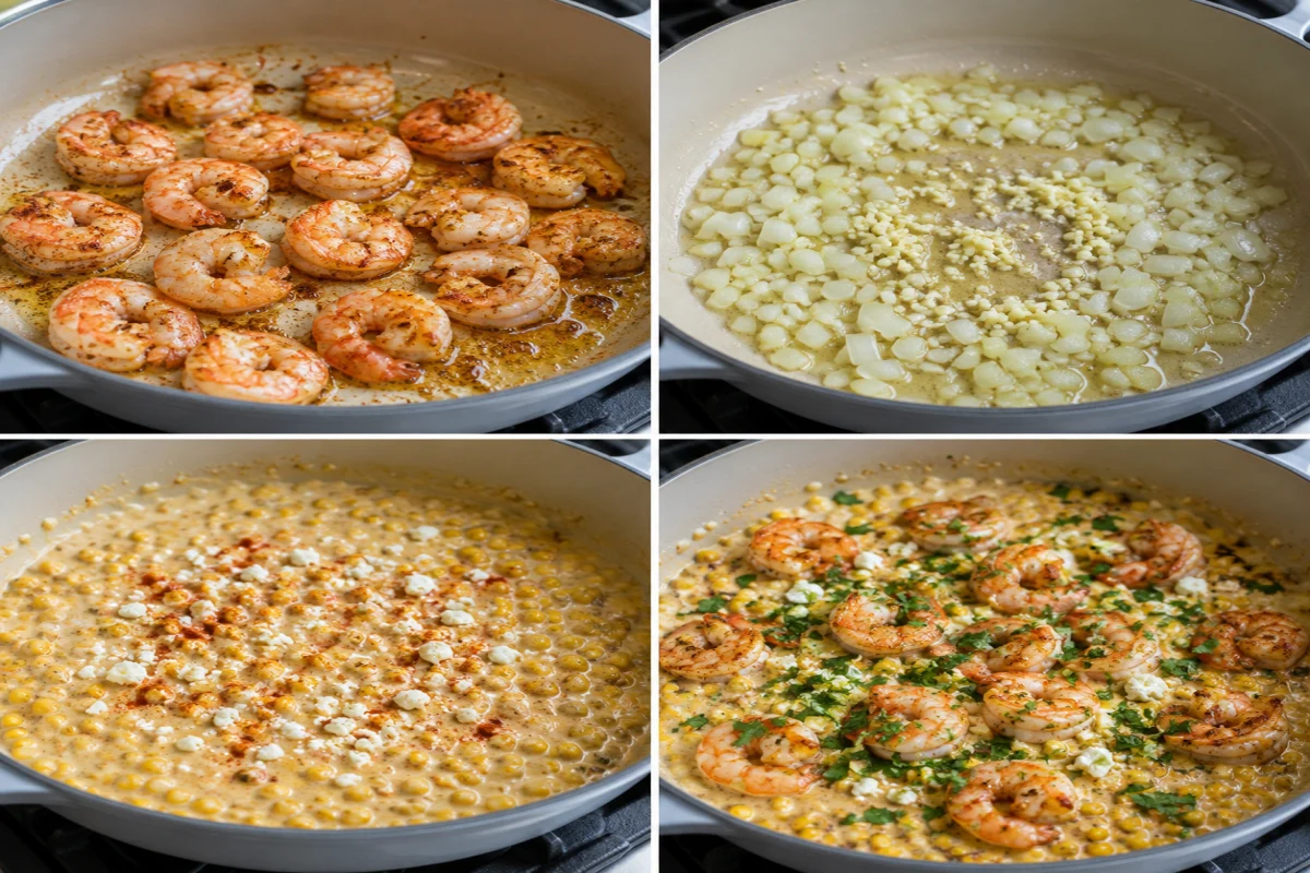 Four stages showing shrimp seared, onion and garlic cooked, creamy feta corn sauce simmered, and shrimp returned to the skillet