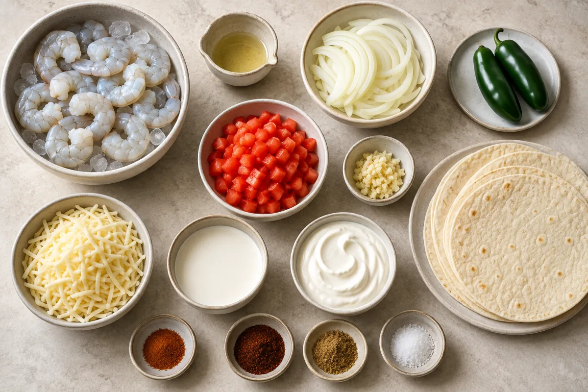 Ingredients for creamy shrimp enchiladas including shrimp, onion, jalapenos, tomatoes, garlic, tortillas, Monterey Jack, cream, sour cream, and spices