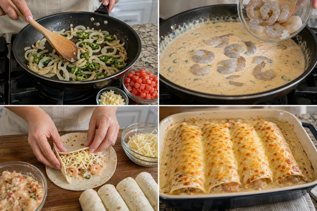 Four stages showing vegetables sauteed, shrimp cooked gently in cream sauce, tortillas filled and rolled, and shrimp enchiladas baked with cheese