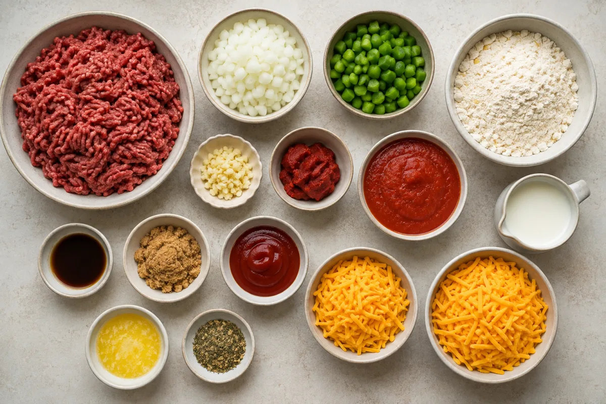 Ingredients for Sloppy Joe casserole with ground beef, onion, green pepper, garlic, tomato sauce, ketchup, brown sugar, cheddar, biscuit mix, milk, and butter