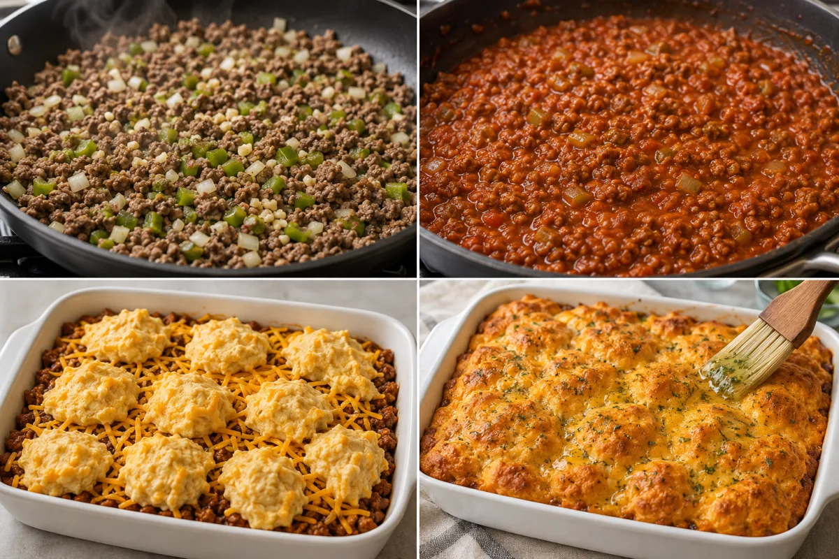 Four stages showing beef browned with peppers and onion, Sloppy Joe sauce simmered, casserole topped with cheddar biscuit batter, and golden topping brushed with seasoned butter