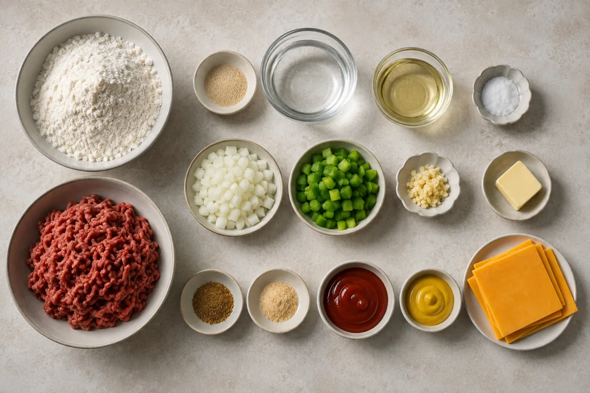 Ingredients for sloppy Joe stuffed bread with flour, yeast, water, oil, beef, onion, green pepper, garlic, butter, seasonings, ketchup, mustard, and cheddar