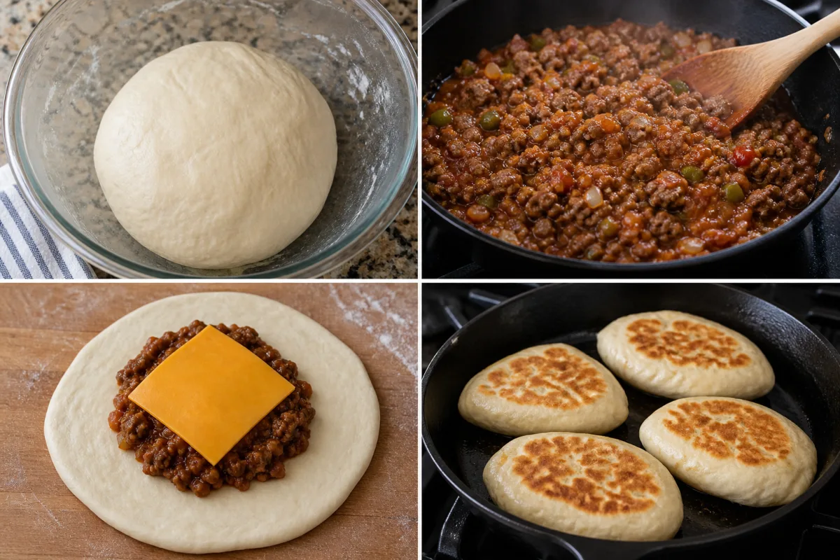 Four stages showing yeast dough risen, thick sloppy Joe filling cooked, beef and cheddar placed on a dough round, and sealed stuffed breads browned in a skillet