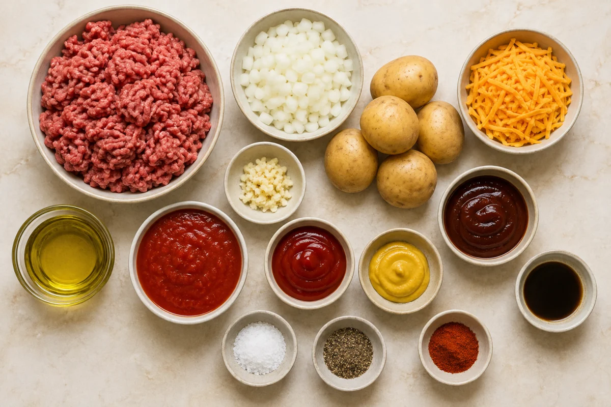 Ingredients for sloppy joe potato skillet including potatoes, ground beef, onion, garlic, tomato sauces, seasonings, and cheddar