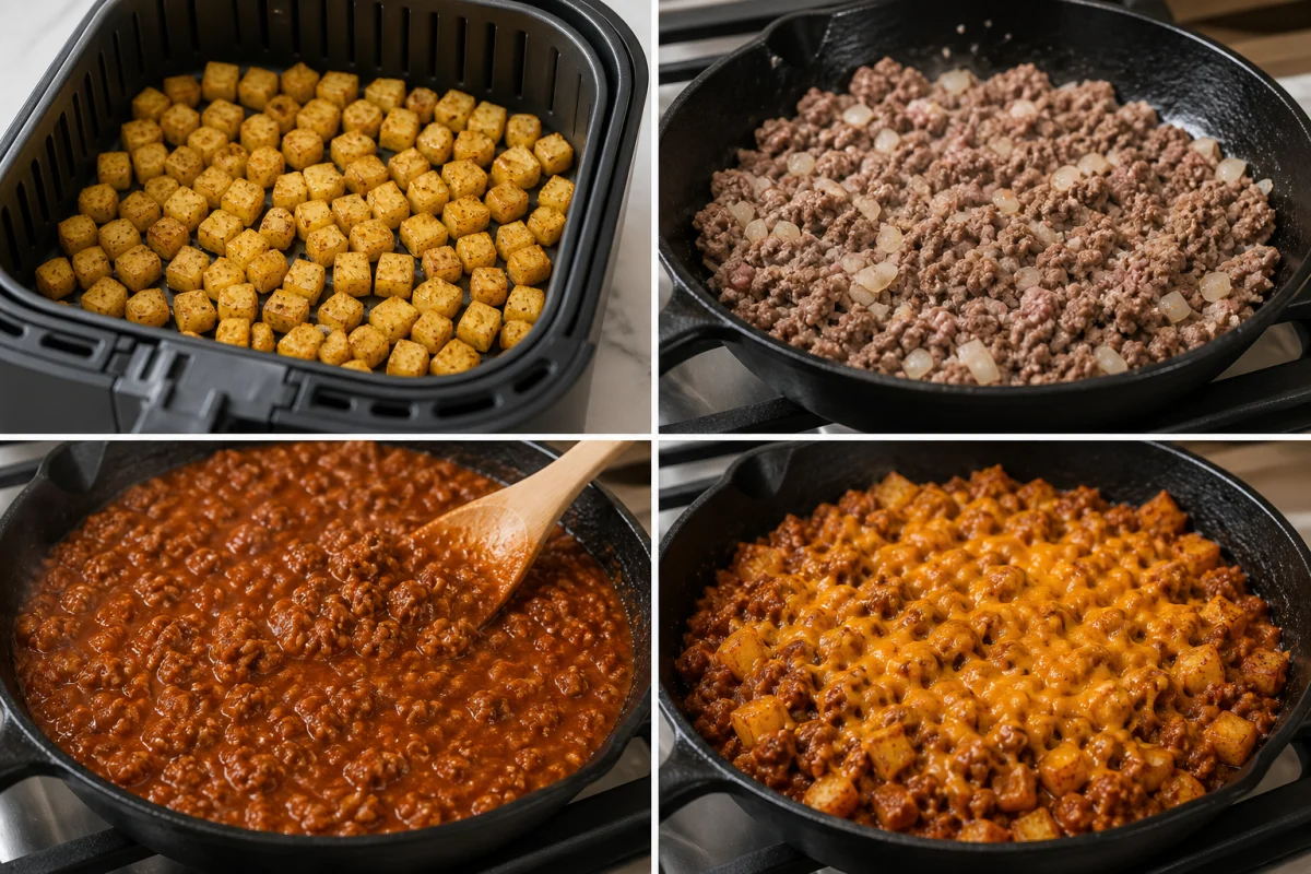 Four stages showing seasoned potatoes in an air fryer, beef and onion browning, sloppy joe sauce simmering, and potatoes topped with melted cheddar