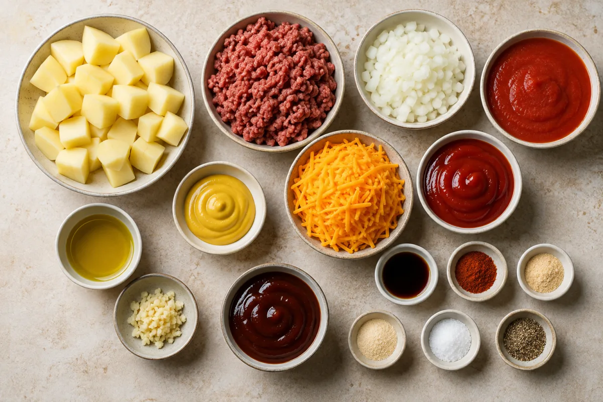 Ingredients for sloppy Joe potato skillet with potatoes, ground beef, onion, tomato sauce, ketchup, mustard, barbecue sauce, Worcestershire, cheddar, oil, garlic, and spices
