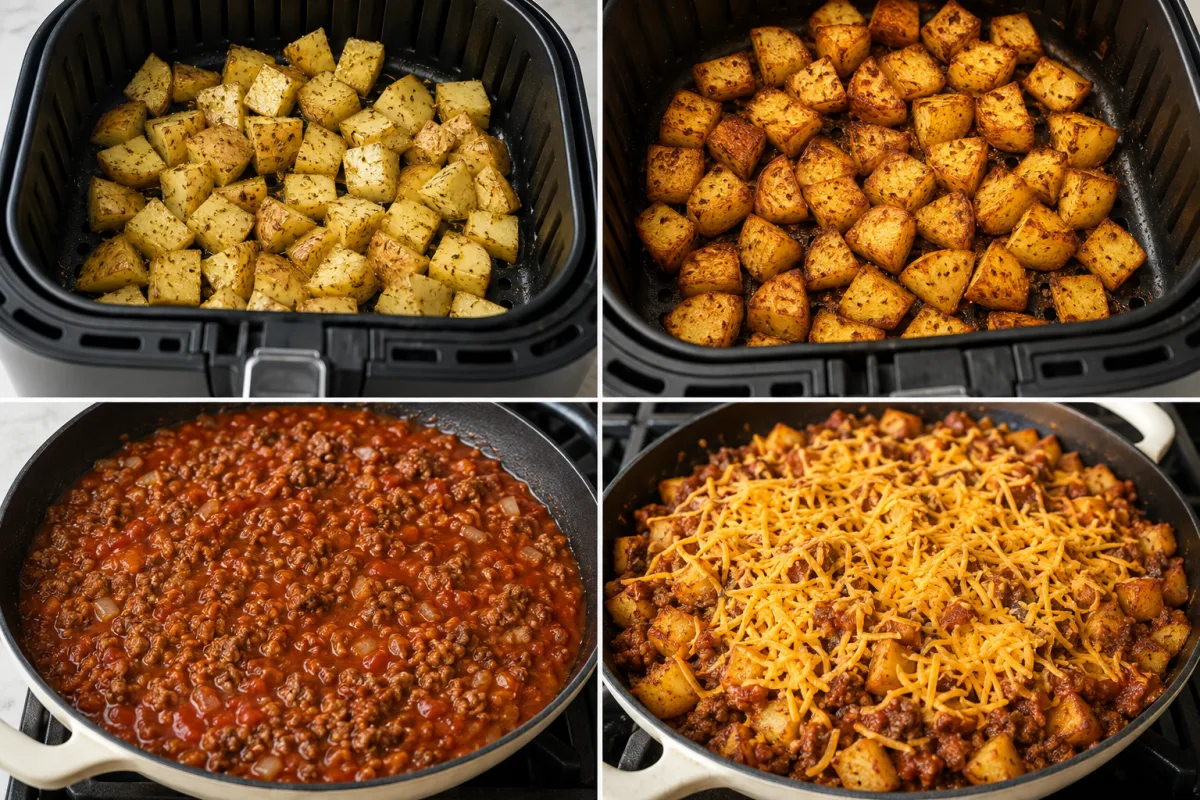 Four stages showing seasoned potatoes in an air fryer, crisp golden potatoes, sloppy Joe beef sauce simmered, and potatoes combined with beef under cheddar before broiling