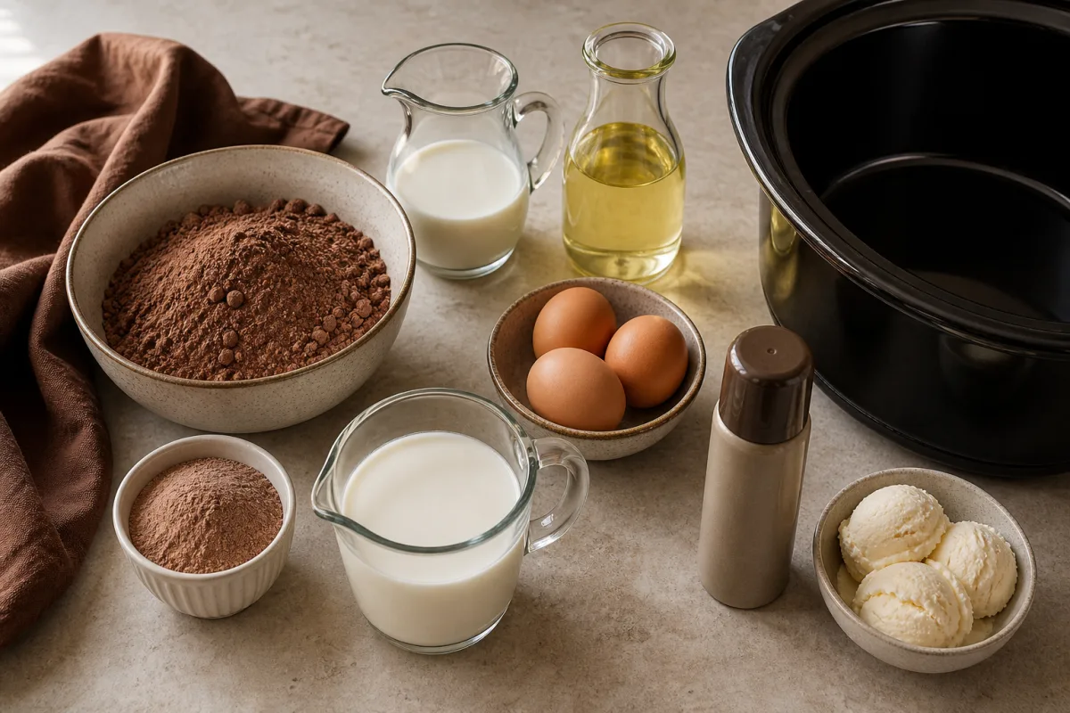 Ingredients for slow cooker chocolate lava cake including chocolate cake mix, chocolate pudding mix, milk, canola oil, eggs, and vanilla ice cream