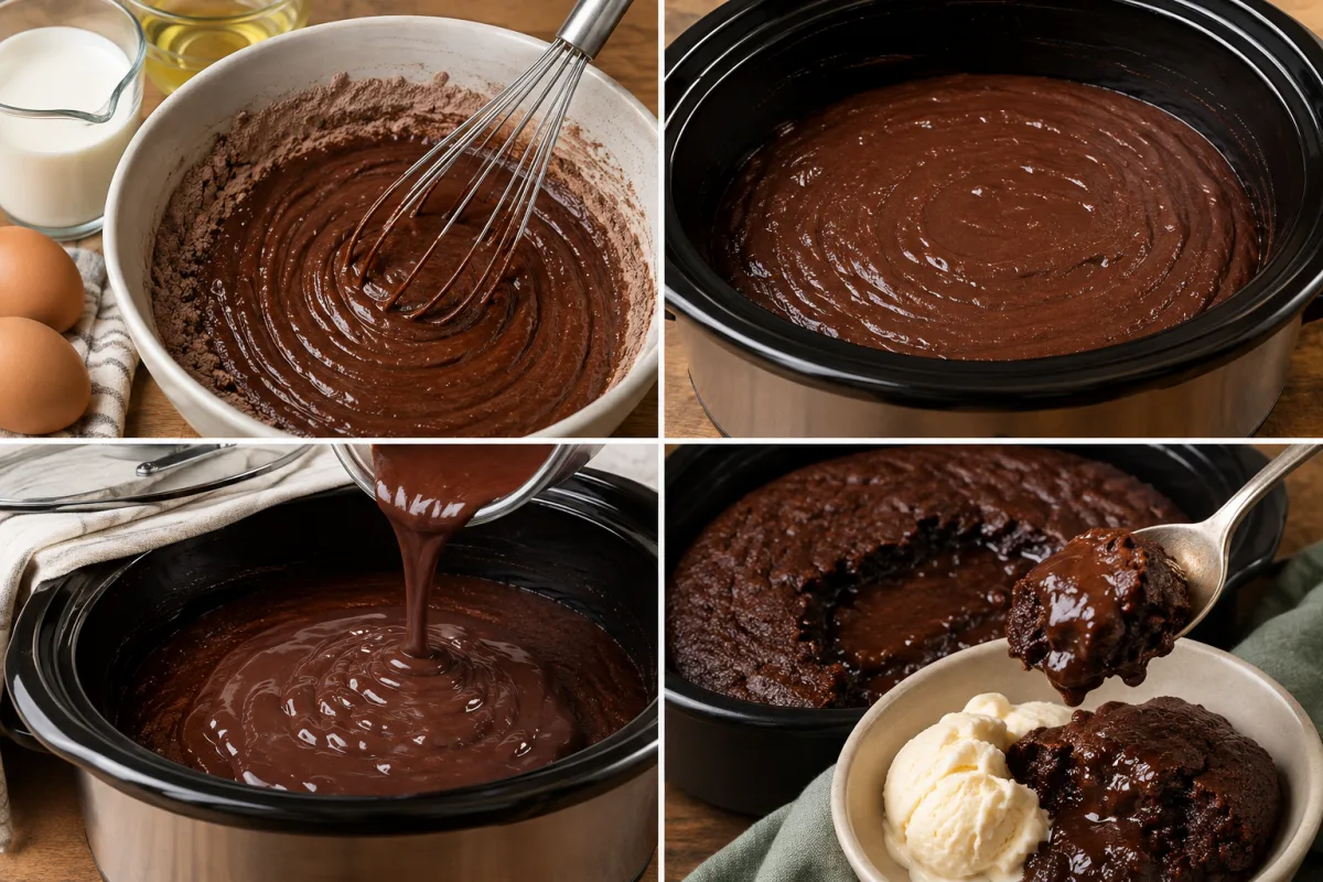 Four stages showing chocolate cake batter mixed, batter placed in a slow cooker, chocolate pudding poured over it, and warm lava cake served with vanilla ice cream