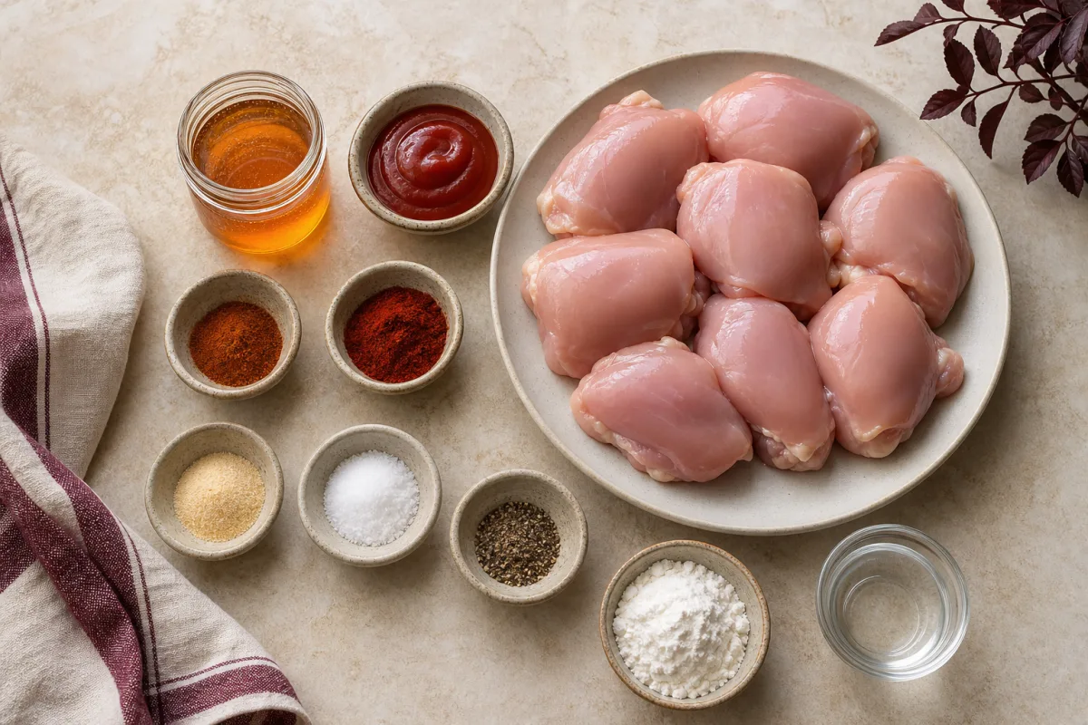 Ingredients for slow cooker hot honey chicken with chicken thighs, honey, ketchup, spices, cornstarch, and water