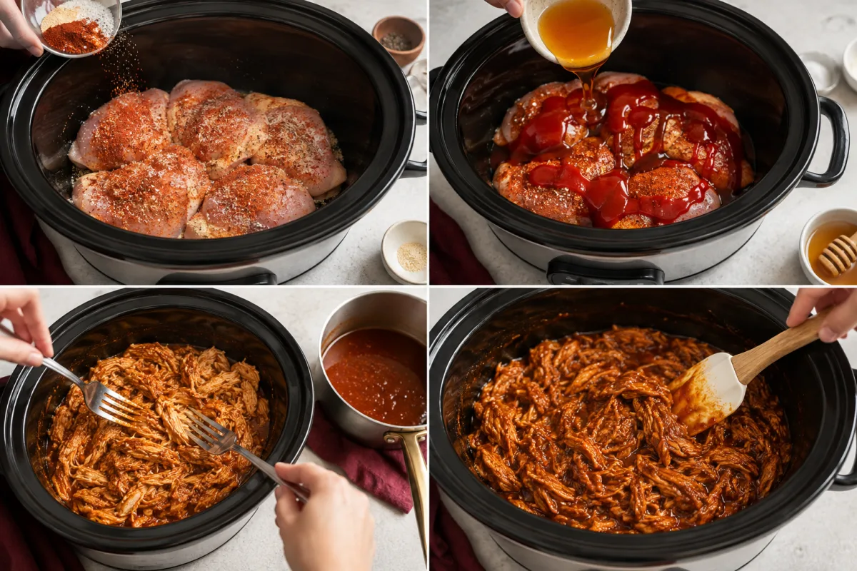 Four stages showing chicken thighs seasoned in a slow cooker, covered with honey and ketchup, shredded, and coated in thick sauce