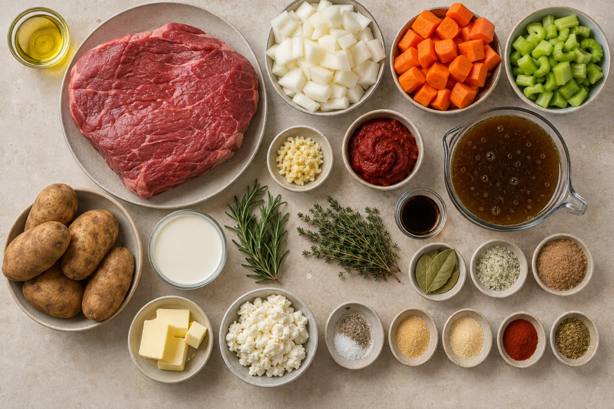 Ingredients for slow cooker pot roast with chuck roast, vegetables, beef stock, herbs, seasonings, russet potatoes, cream, butter, and goat cheese