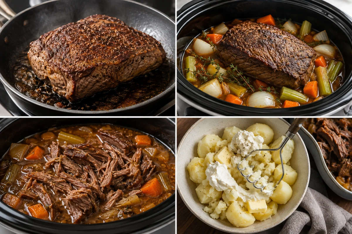 Four stages showing chuck roast browned, roast and vegetables in a slow cooker, tender beef in gravy, and potatoes mashed with goat cheese