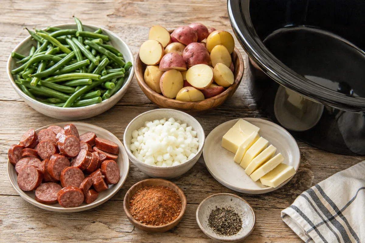 Ingredients for slow cooker swamp potatoes with fresh green beans, small potatoes, onion, smoked sausage, butter, Cajun seasoning, and pepper