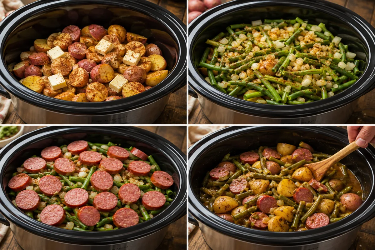 Four stages showing potatoes and butter layered in a slow cooker, green beans and onion added, smoked sausage arranged on top, and the finished dish stirred together