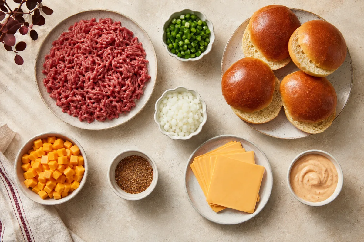 Ingredients for smoked stuffed burgers: ground beef, jalapeños, onion, cheddar cubes, seasoning, American cheese, brioche buns, and spicy mayo