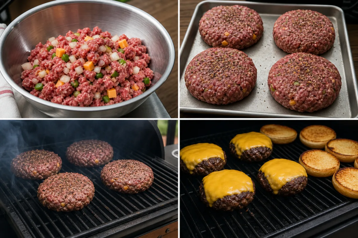 Four stages for smoked cheddar burgers: combining the filling, shaping patties, smoking, and melting cheese while the buns toast