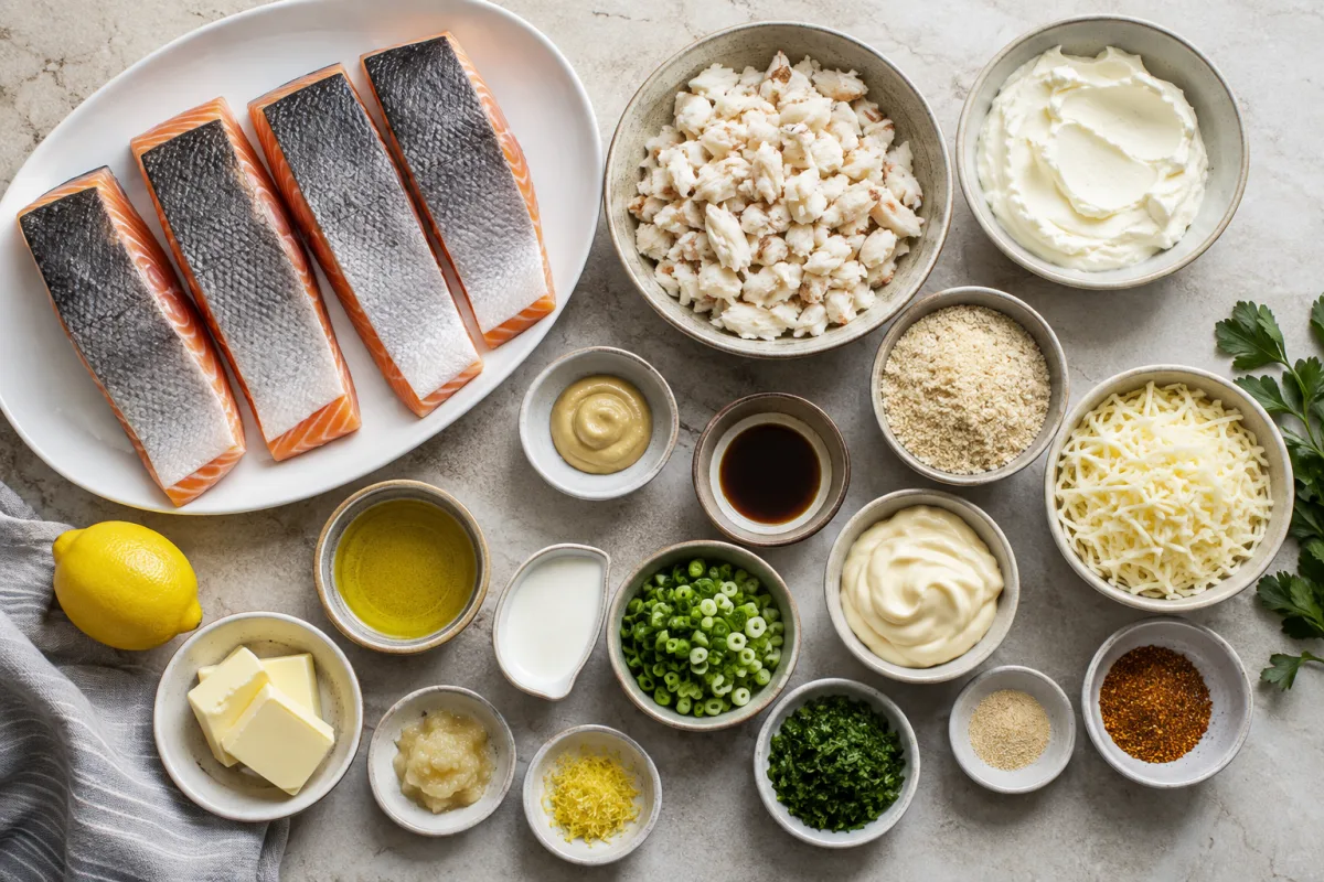 Ingredients for crab-stuffed salmon with salmon fillets, lump crab, cream cheese, breadcrumbs, mayonnaise, Dijon, herbs, lemon, Creole seasoning, butter, and cream