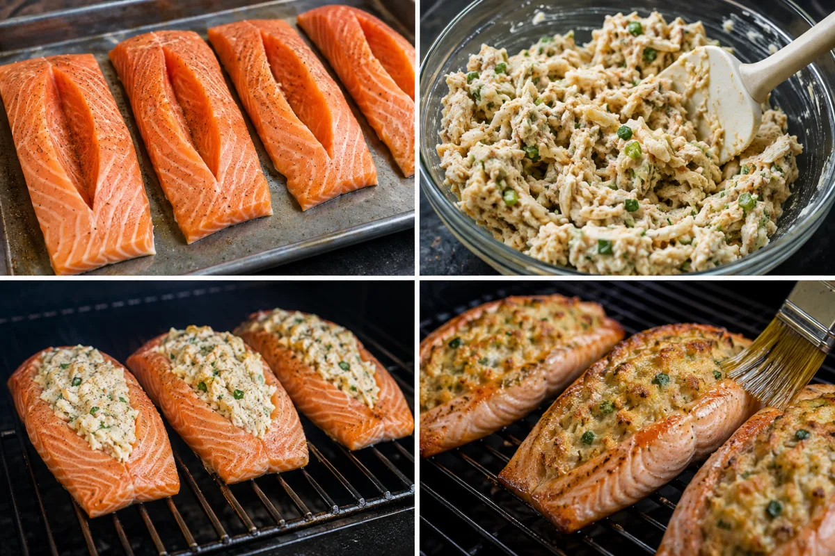 Four stages showing pockets cut in salmon, lump crab stuffing mixed, fillets filled on a smoker rack, and stuffed salmon brushed near the end of smoking