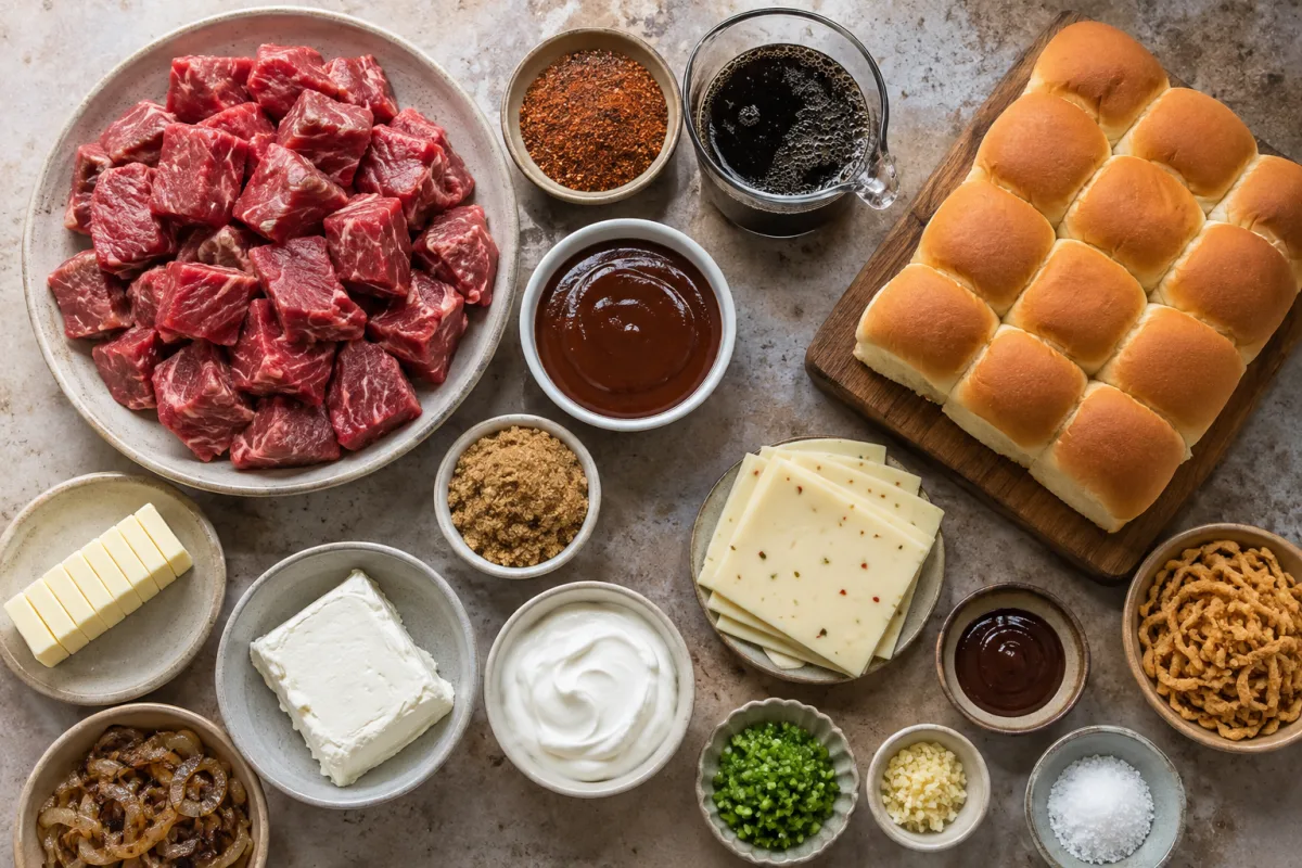 Ingredients for smoked cola BBQ beef sliders with chuck roast, BBQ rub, dark cola, sauce, brown sugar, butter, cream cheese, sour cream, jalapeños, onion, pepper jack, rolls, and fried onions