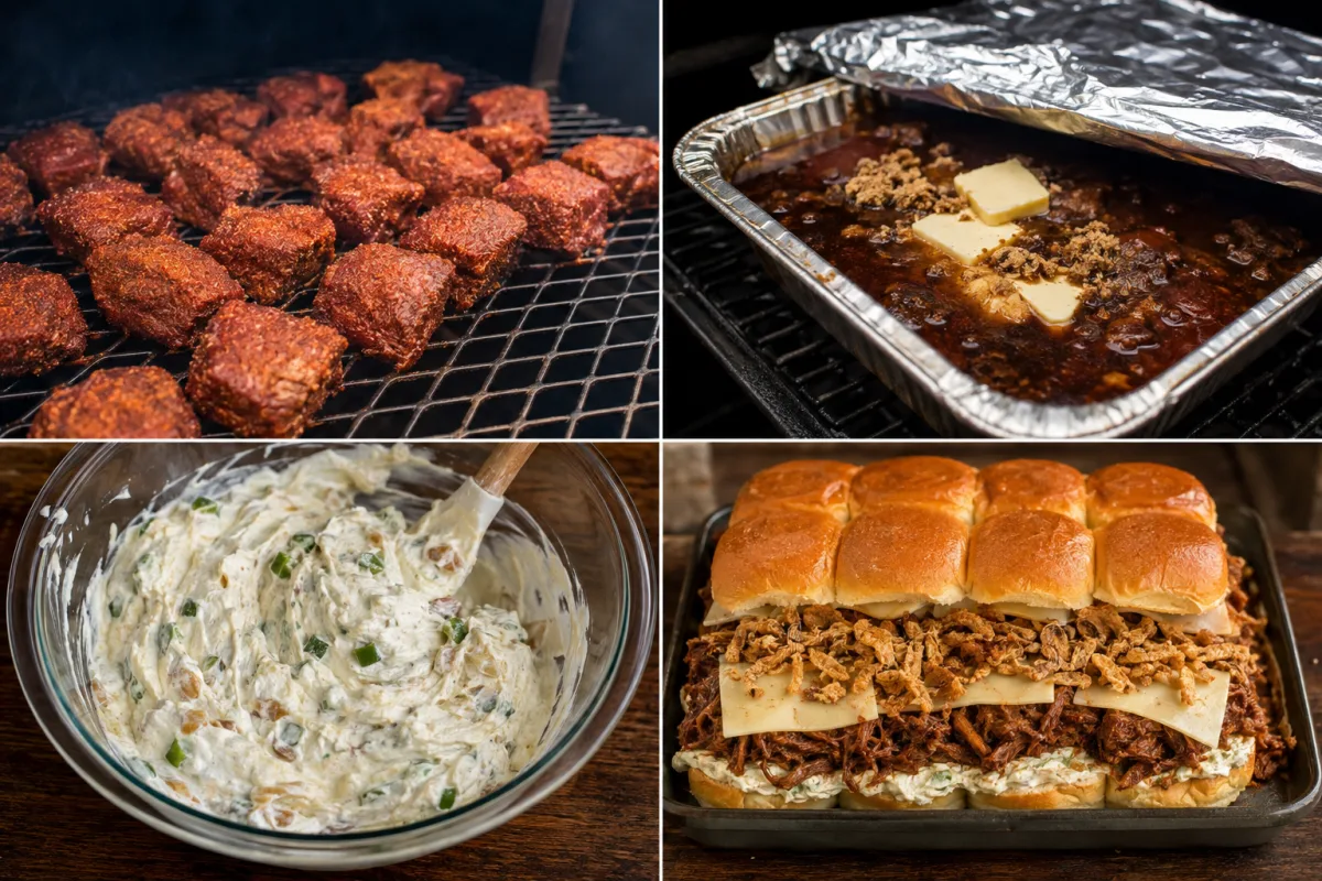 Four stages showing seasoned chuck cubes smoked to a dark bark, beef braised with cola barbecue sauce sugar and butter, jalapeño cream cheese mixed, and sliders layered for baking