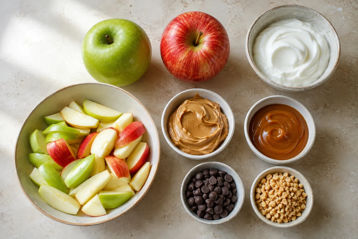 Ingredients for Snickers apple salad including green and red apples, Greek yogurt, peanut butter, caramel, chocolate chips, and chopped peanuts