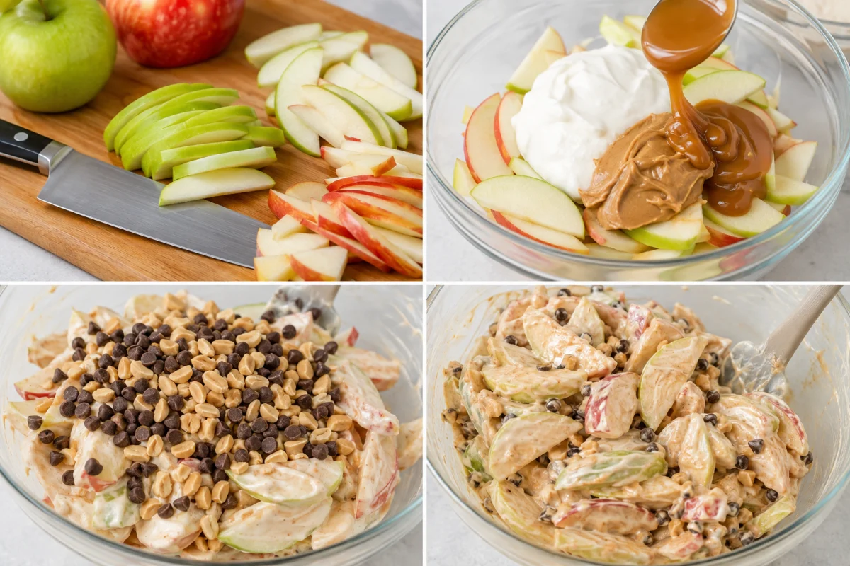Four stages showing red and green apples sliced, yogurt peanut butter and caramel added, chocolate chips and peanuts scattered, and salad folded together