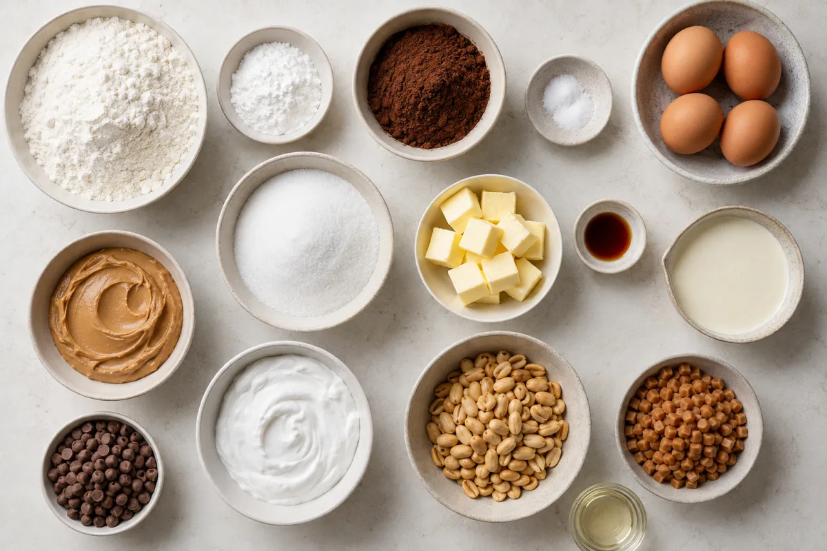 Ingredients for layered peanut caramel chocolate brownies including flour, cocoa, eggs, butter, peanut butter, marshmallow creme, peanuts, caramel, and chocolate