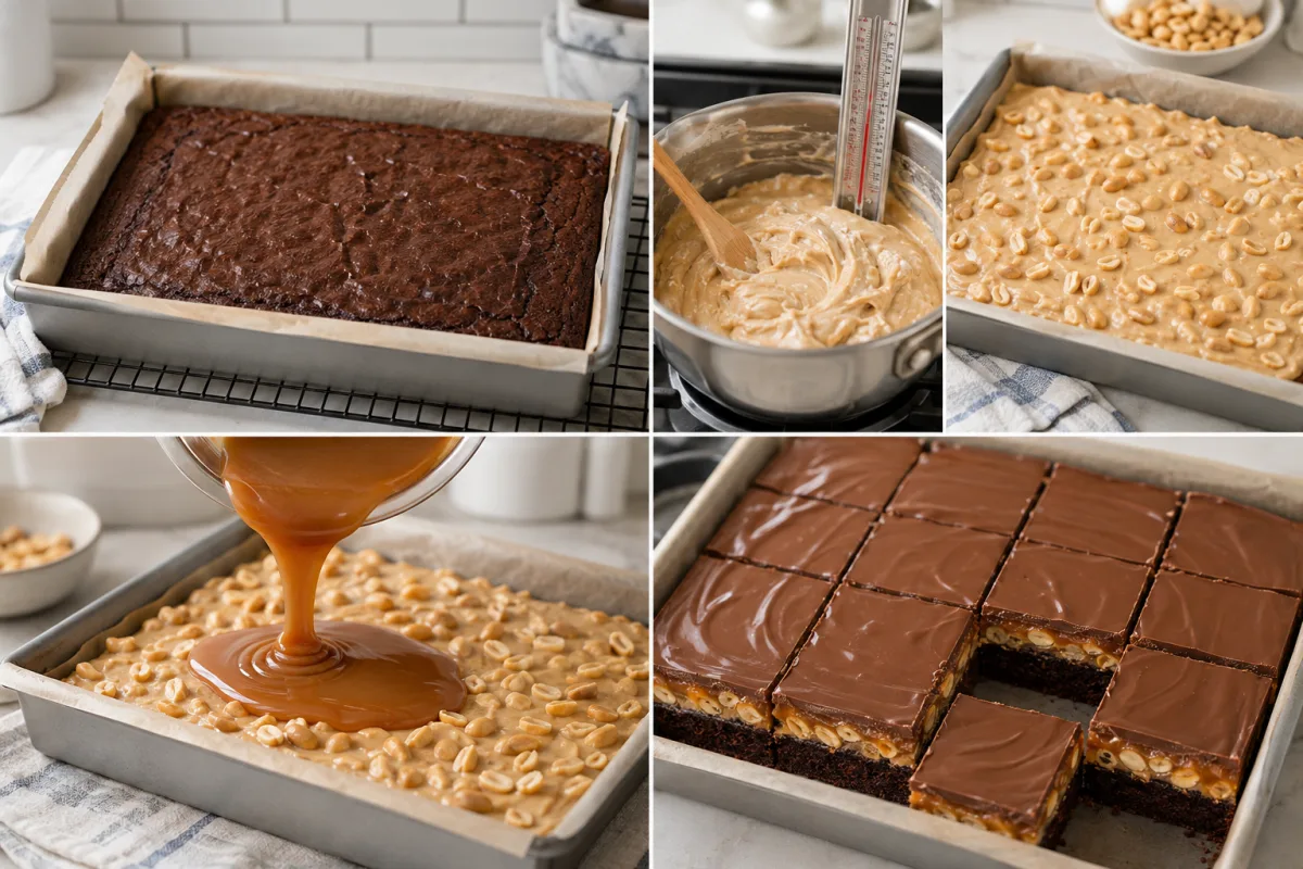 Four stages showing a brownie base, peanut nougat cooked with a thermometer, caramel poured, and layered brownies topped with chocolate