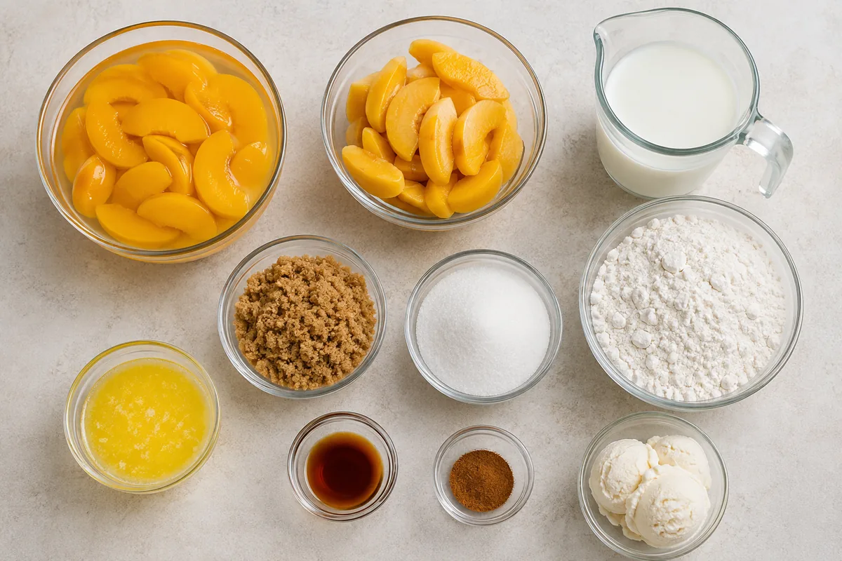 Ingredients for peach cobbler with melted butter, brown and white sugar, self-rising flour, milk, vanilla, one drained and one juicy bowl of peaches, cinnamon, and ice cream