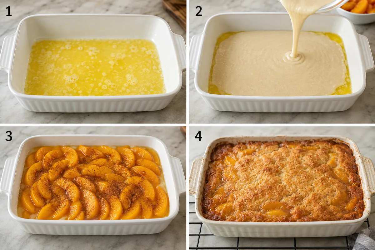 Four stages of peach cobbler showing melted butter in the dish, batter poured without stirring, peaches and cinnamon layered on top, and golden cobbler baked until bubbling
