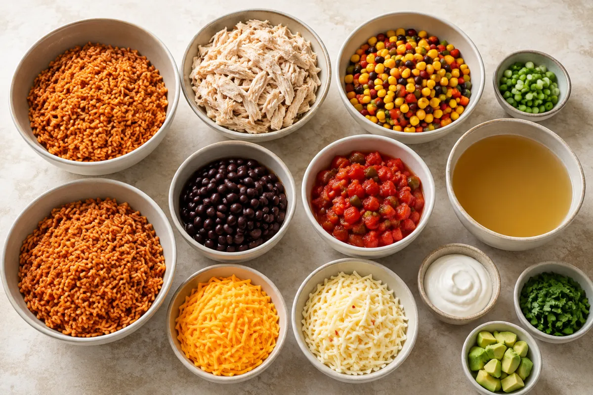 Ingredients for Southwest chicken and rice casserole with taco rice, shredded chicken, corn, black beans, tomatoes with green chiles, broth, cheddar, and pepper jack