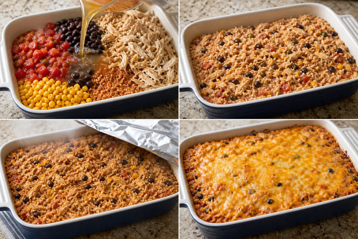 Four stages showing Southwest rice ingredients mixed with broth, casserole ready for foil, cooked rice uncovered, and the top baked with melted cheese
