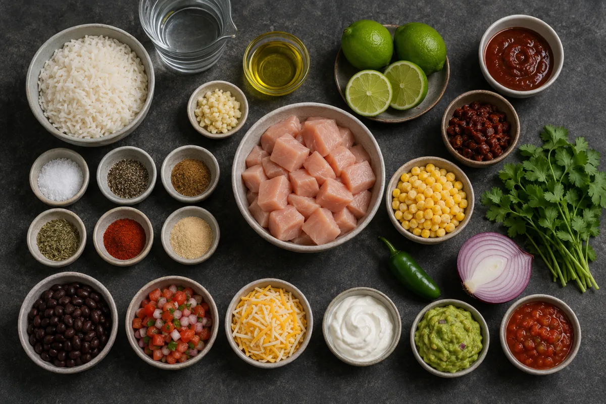 Ingredients for chipotle chicken burrito bowls with chicken, chipotle marinade spices, jasmine rice, corn salsa vegetables, cilantro, lime, and optional toppings