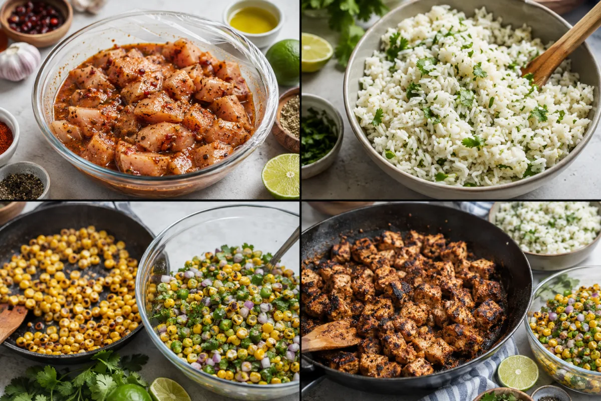 Four stages showing chicken in chipotle marinade, cilantro lime rice, charred corn salsa, and chipotle chicken cooking with browned edges