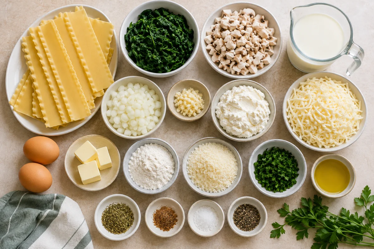 Ingredients for spinach mushroom lasagna including noodles, spinach, mushrooms, onion, garlic, ricotta, mozzarella, Parmesan, eggs, butter, flour, milk, parsley, and seasonings