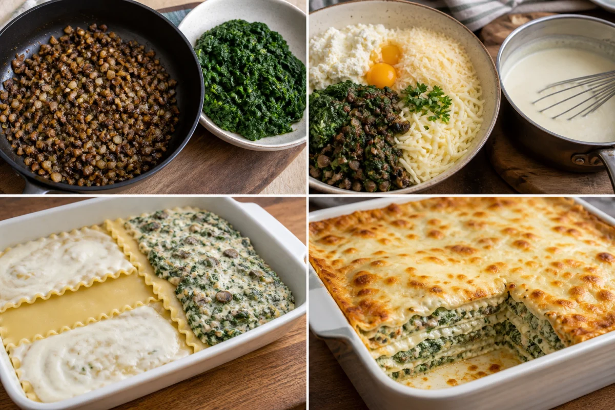 Four stages showing mushrooms cooked and spinach drained, ricotta filling and white sauce prepared, lasagna layered, and white lasagna baked with golden cheese