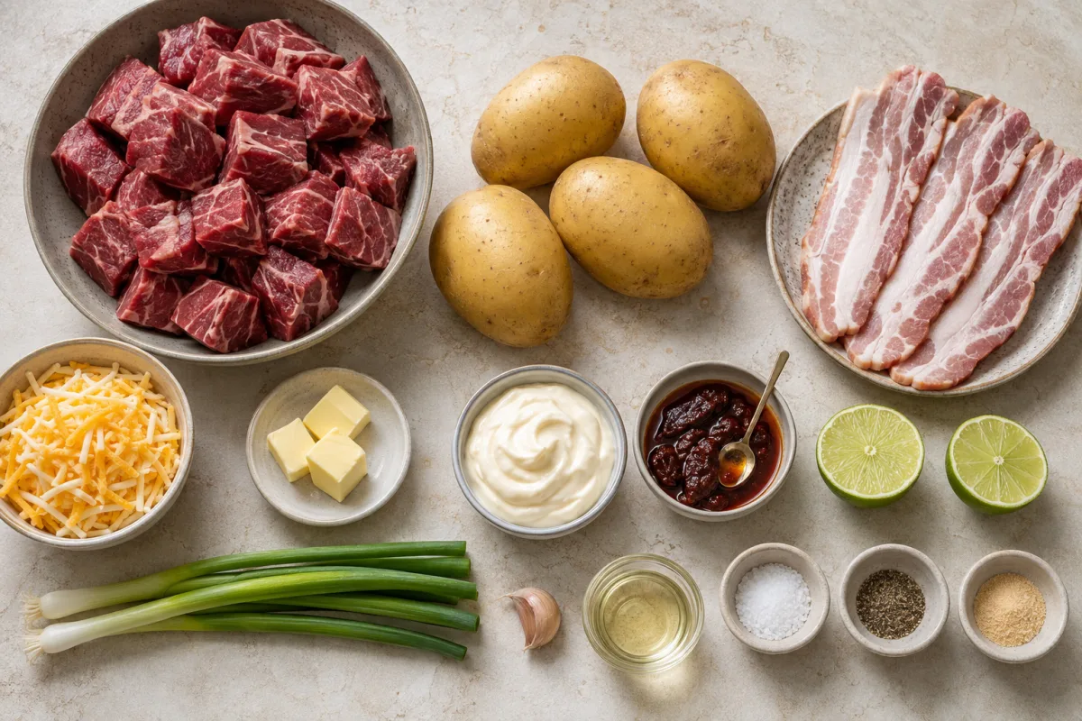 Ingredients for steak loaded baked potatoes: ribeye, golden potatoes, bacon, cheese, butter, green onions, and chipotle mayo ingredients