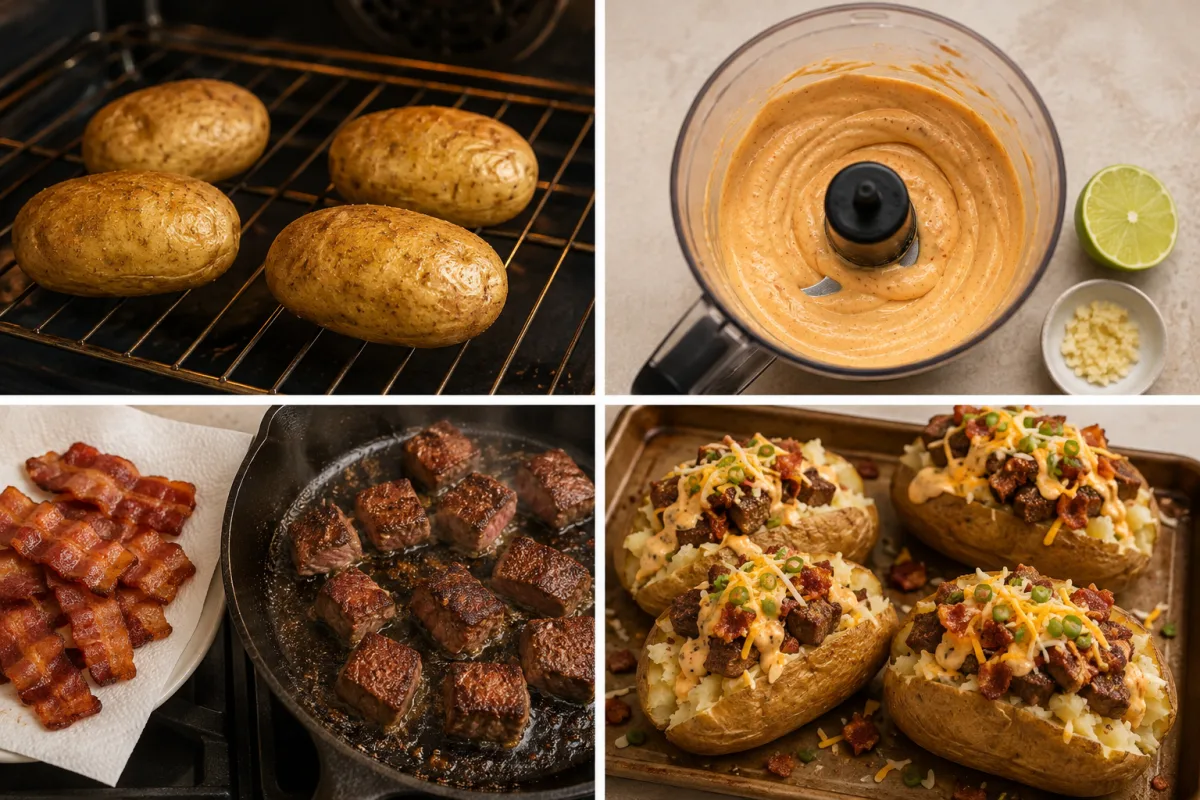 Four stages for steak loaded baked potatoes: baking potatoes, blending chipotle mayo, searing steak and bacon, and assembling the toppings